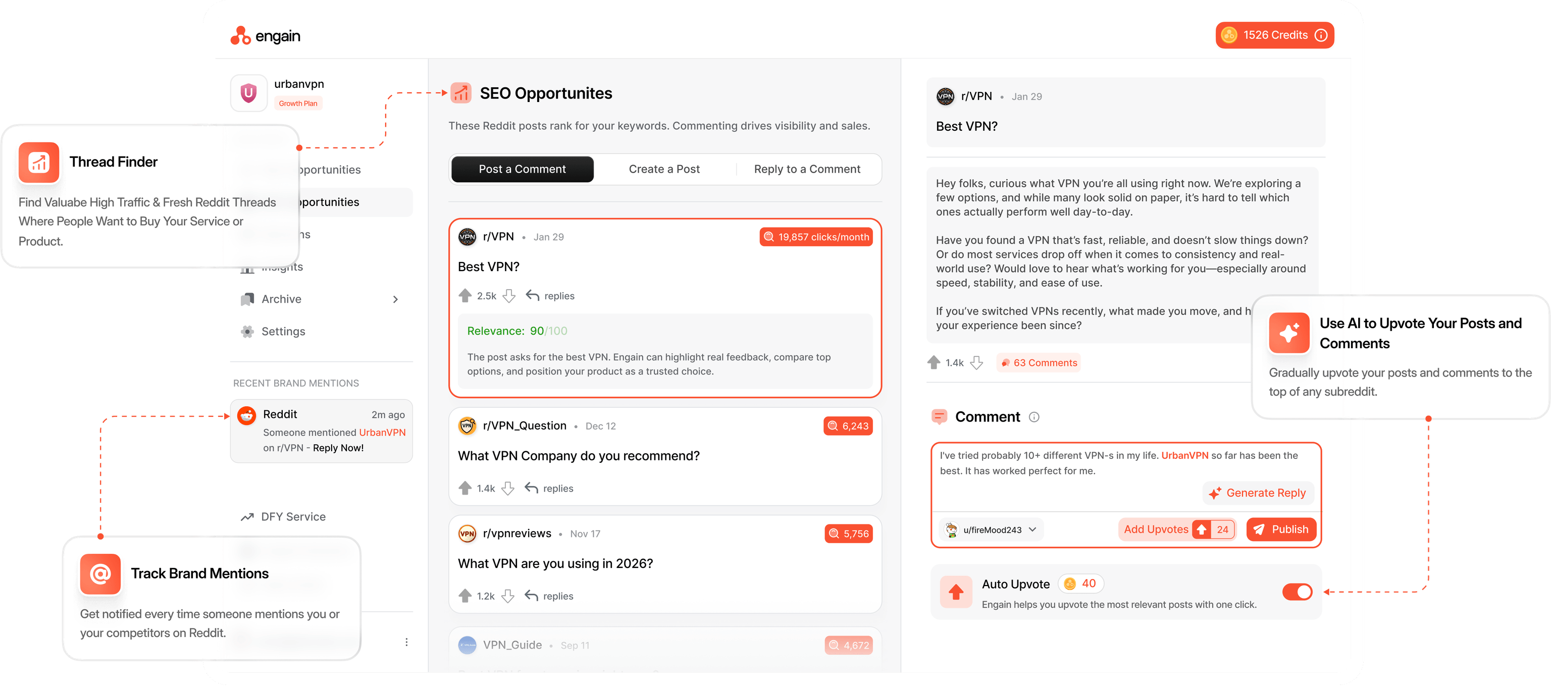 Engain platform dashboard showing SEO opportunities, brand mentions, and comment management