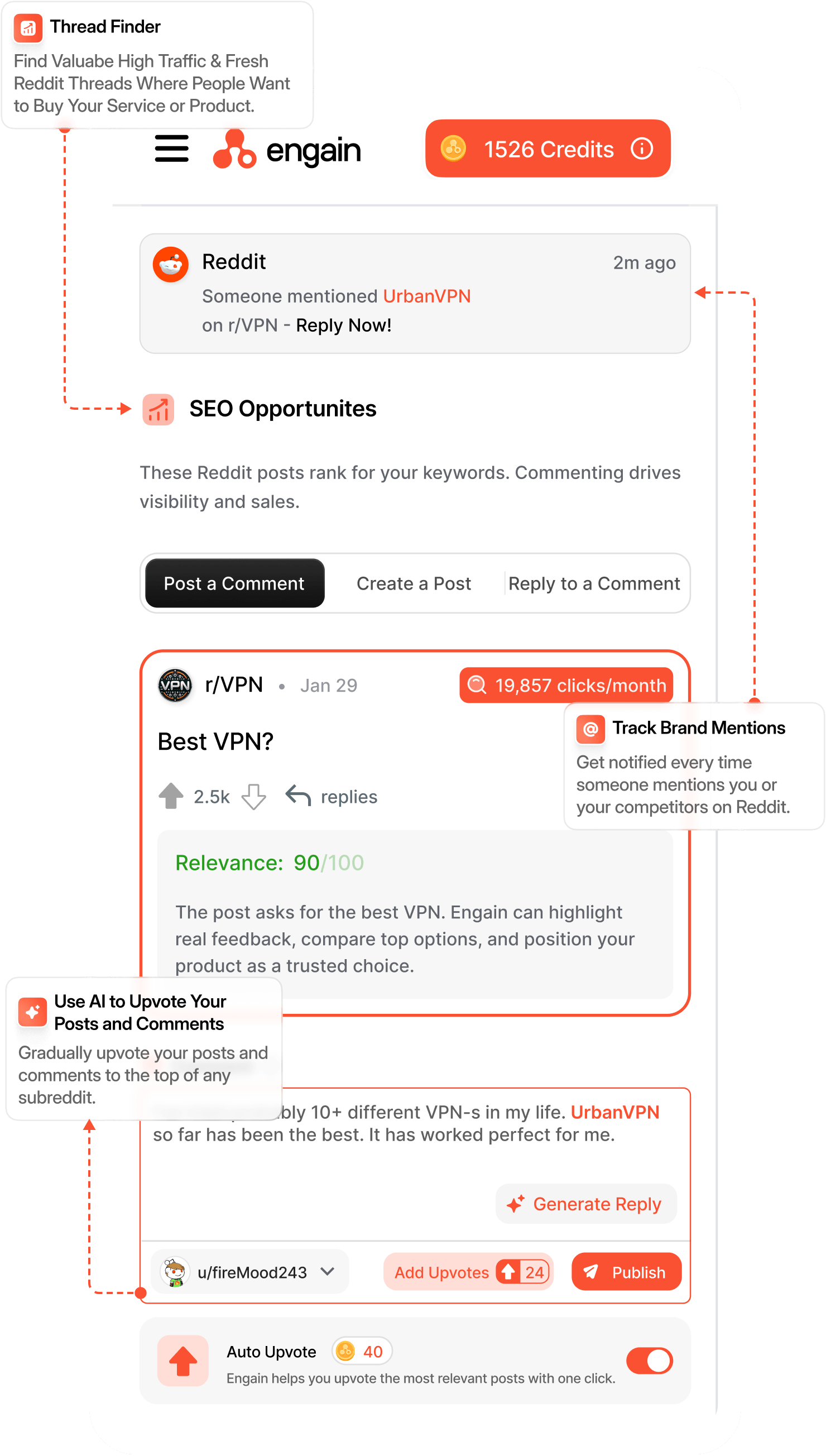 Engain platform dashboard showing SEO opportunities, brand mentions, and comment management