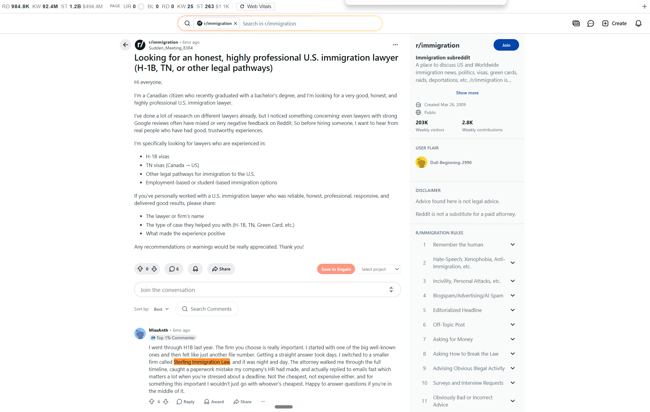 immigration lawyer h1b - Reddit comment