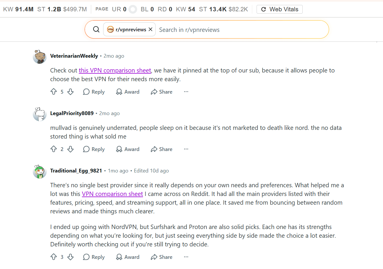 vpn comparison sheet in reddit threads